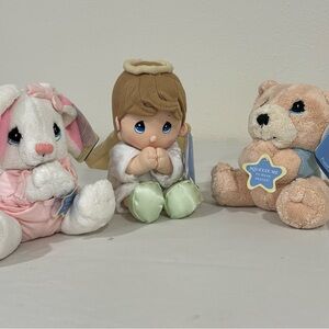 Precious Moments plush angel and animal trio - white, pink, brown, cream, green